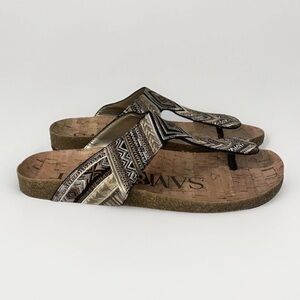 Sam & Libby Women's Size 7 Sandals Slides Embroidered Geometric Black Gold Flip